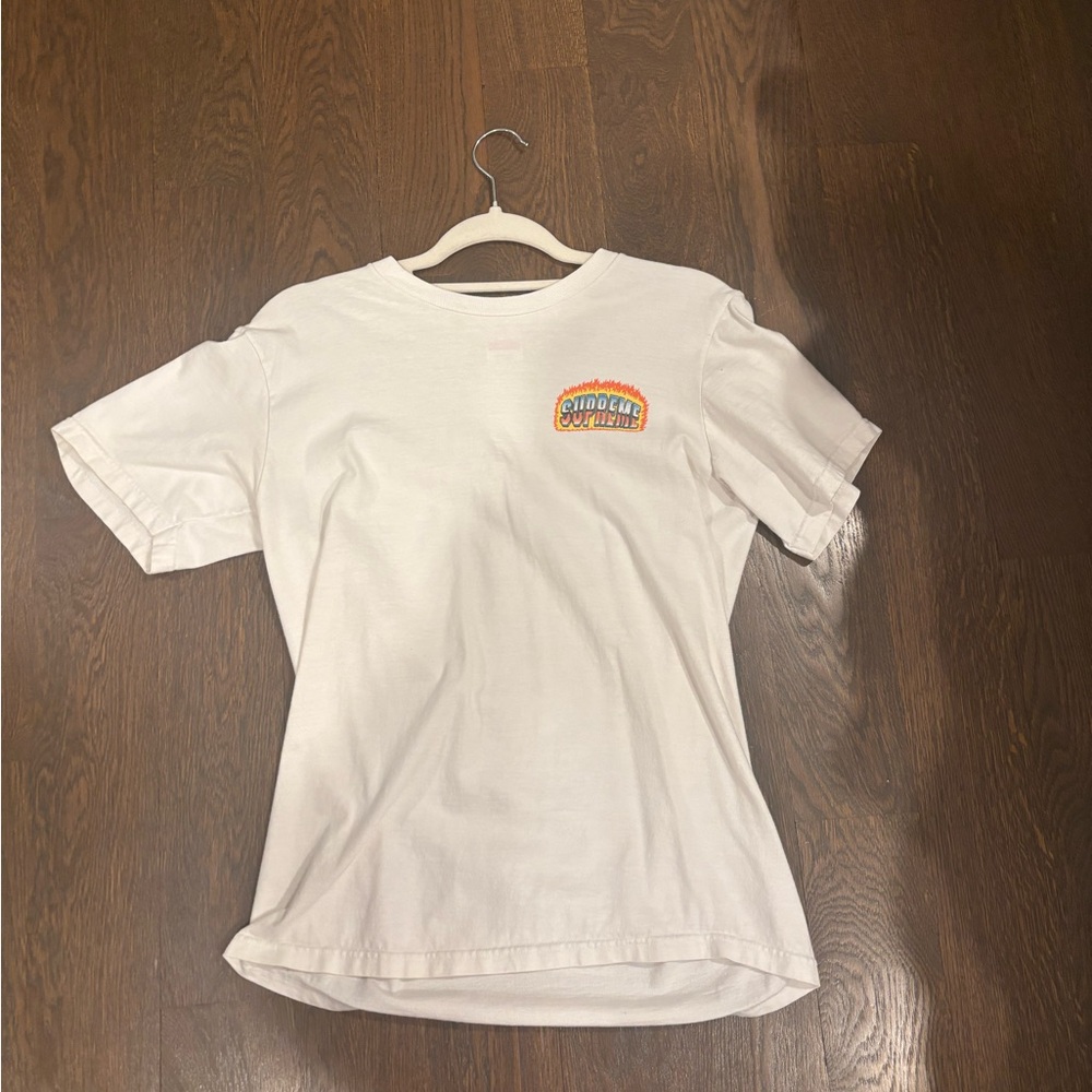 Supreme White Short Sleeve Tee with Orange and Blue Logo